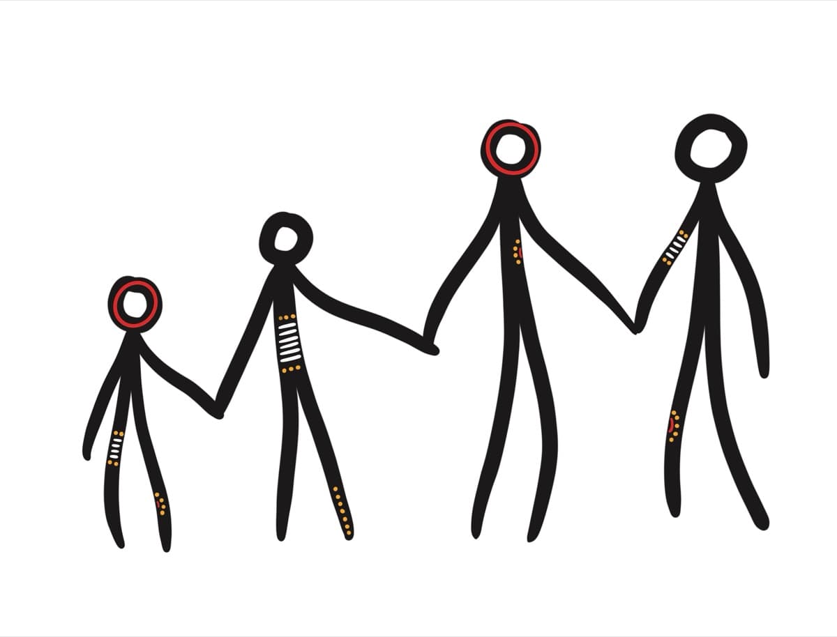 Indigenous artwork — people standing together, representing community and mentoring